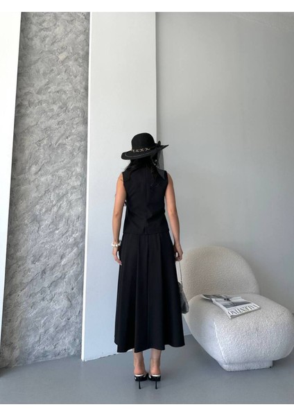 Kadın Alt Üst Takım Şık Düğme Detaylı Premium Yelek Etek Ikili Takım Elbise