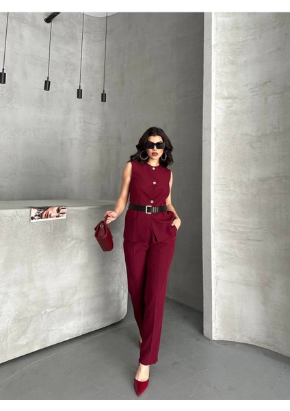 Kadın Kemerli Yelek Palazzo Pantolon Ikili Takım Elbise