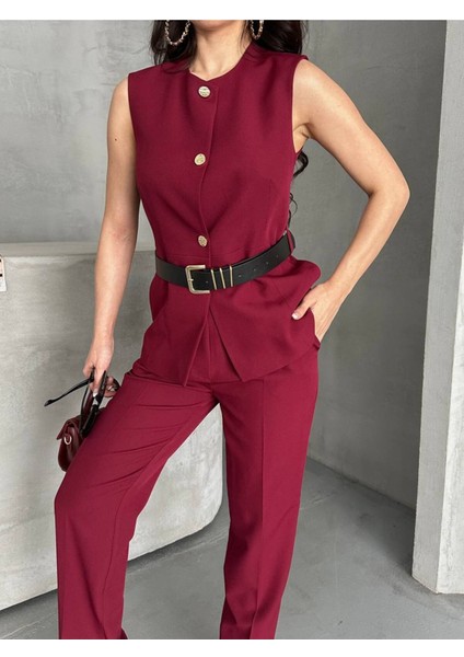 Kadın Kemerli Yelek Palazzo Pantolon Ikili Takım Elbise