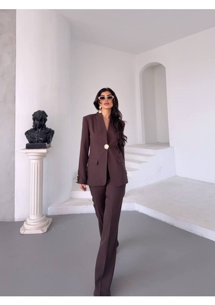 Kadın Gold Kurabiye Düğmeli Blazer Ceket Palazzo Pantolon Takım Elbise fırsatları