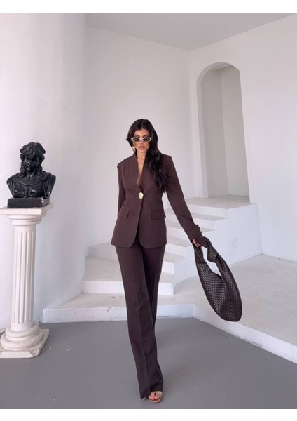 Kadın Gold Kurabiye Düğmeli Blazer Ceket Palazzo Pantolon Takım Elbise indirimleri