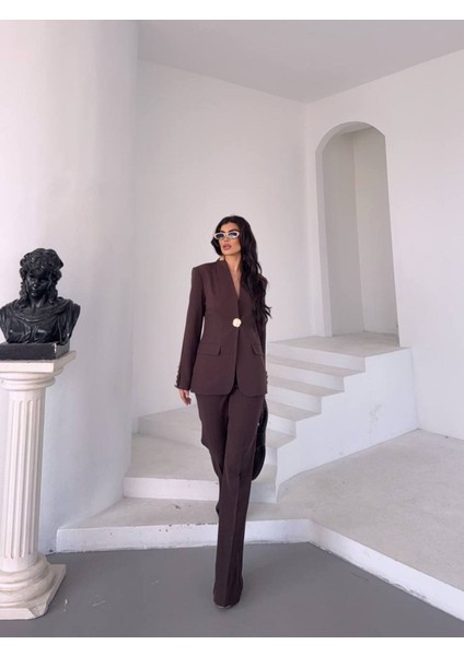 Kadın Gold Kurabiye Düğmeli Blazer Ceket Palazzo Pantolon Takım Elbise