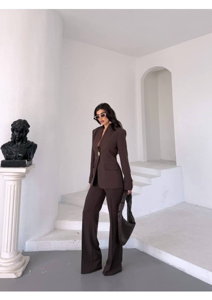 Kadın Gold Kurabiye Düğmeli Blazer Ceket Palazzo Pantolon Takım Elbise