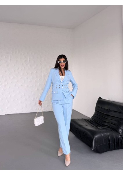 Kadın Zımba Kemer Detaylı Çıtçıtlı Cekete Palazzo Pantolon Şık Takım Elbise