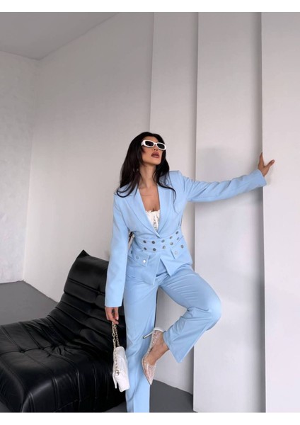 Kadın Zımba Kemer Detaylı Çıtçıtlı Cekete Palazzo Pantolon Şık Takım Elbise fırsatları