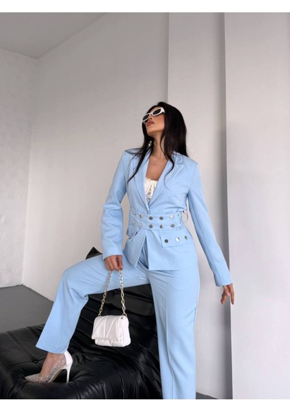 Kadın Zımba Kemer Detaylı Çıtçıtlı Cekete Palazzo Pantolon Şık Takım Elbise indirimleri