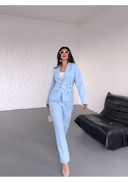 Kadın Zımba Kemer Detaylı Çıtçıtlı Cekete Palazzo Pantolon Şık Takım Elbise