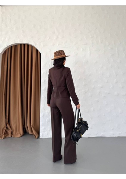 Kadın Kemerli Gold Düğmeli Ceket Palazzo Pantolon Takım Elbise fırsatları
