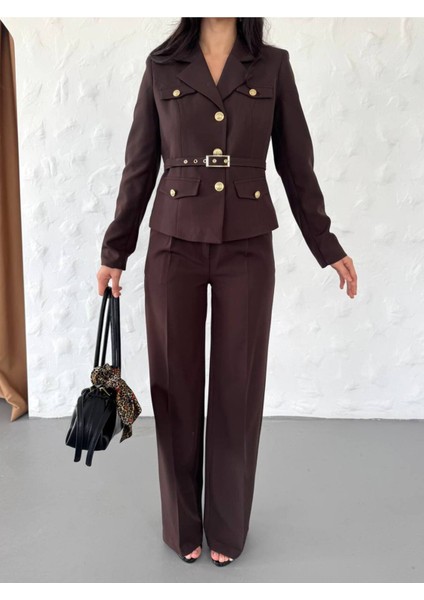 Kadın Kemerli Gold Düğmeli Ceket Palazzo Pantolon Takım Elbise