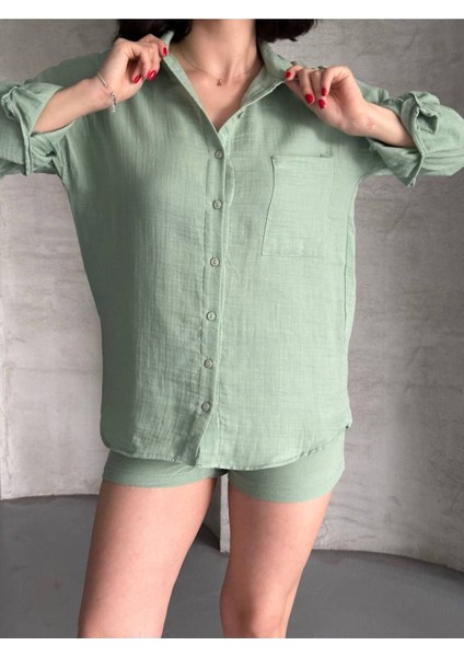 Kadın Keten Görünümlü Yazlık Gömlek Şort Ikili Takım modelleri
