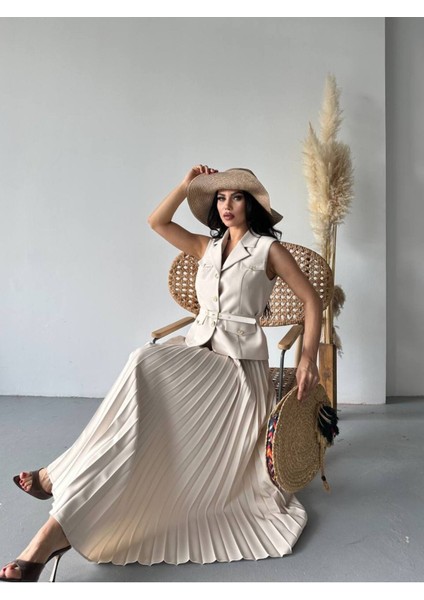 Kadın Kemerli Düğmeli Yelek Pileli Etek Takım Elbise fiyatları