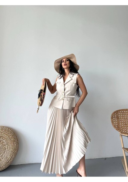Kadın Kemerli Düğmeli Yelek Pileli Etek Takım Elbise fırsatları