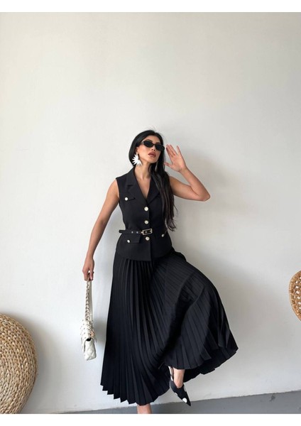 Kadın Kemerli Düğmeli Yelek Pileli Etek Takım Elbise modelleri