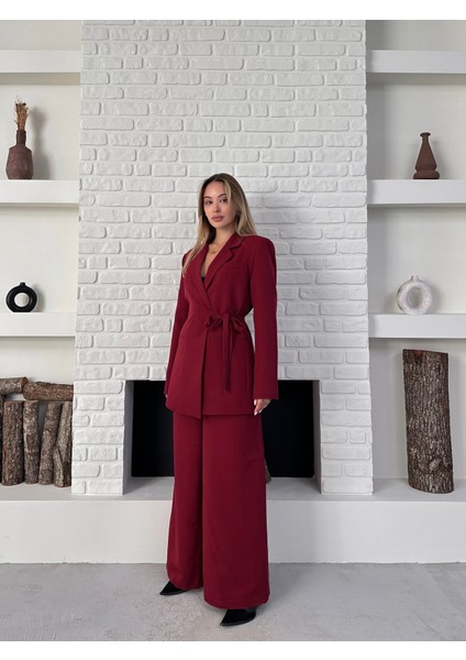 Kadın Yandan Bağlamalı Ikili Kuşaklı Blazer Ceket Pantolon Takım modelleri