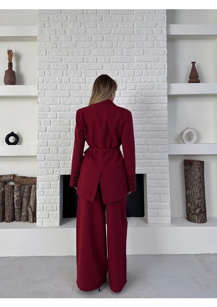 Kadın Yandan Bağlamalı Ikili Kuşaklı Blazer Ceket Pantolon Takım