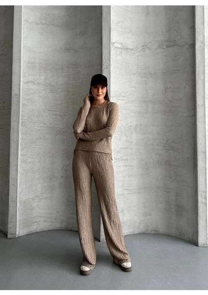 Kadın Beli Bağlama Detaylı Alt Üst Bürümcük Gofre Ikili Takım