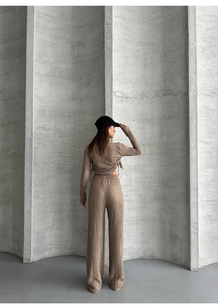 Kadın Beli Bağlama Detaylı Alt Üst Bürümcük Gofre Ikili Takım