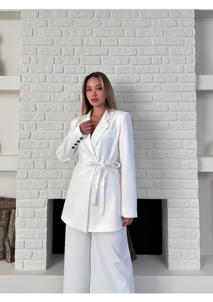 Kadın Yandan Bağlamalı Ikili Kuşaklı Blazer Ceket Pantolon Takım indirimleri