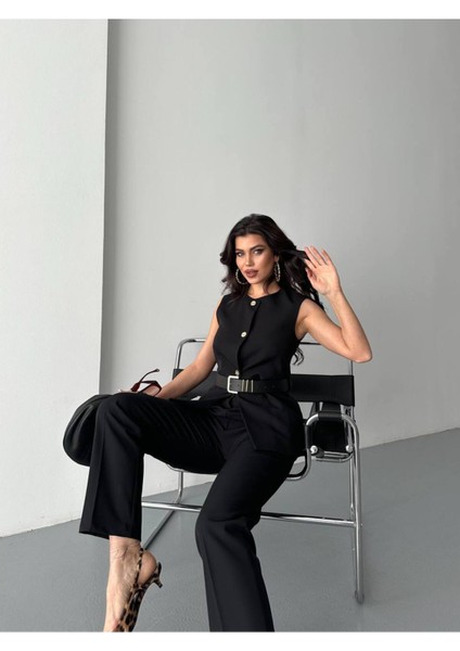 Kadın Kemerli Yelek Palazzo Pantolon Ikili Takım Elbise fırsatları