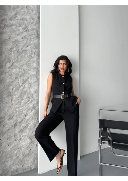 Kadın Kemerli Yelek Palazzo Pantolon Ikili Takım Elbise indirimleri