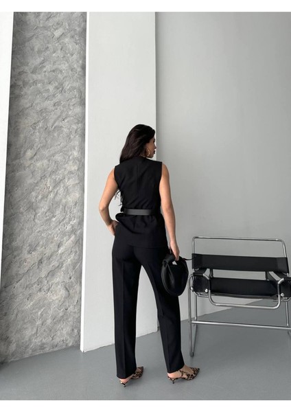 Kadın Kemerli Yelek Palazzo Pantolon Ikili Takım Elbise