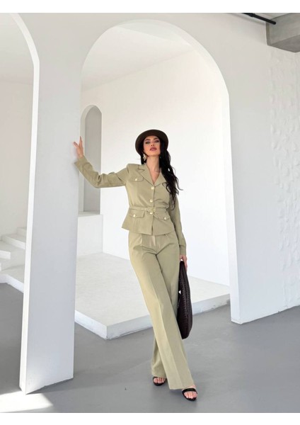 Kadın Kemerli Gold Düğmeli Ceket Palazzo Pantolon Takım Elbise fiyatları