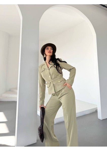 Kadın Kemerli Gold Düğmeli Ceket Palazzo Pantolon Takım Elbise fırsatları
