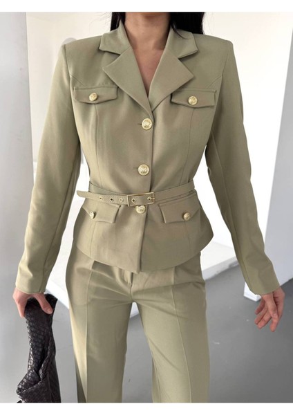 Kadın Kemerli Gold Düğmeli Ceket Palazzo Pantolon Takım Elbise