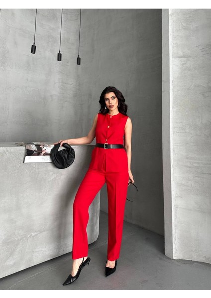 Kadın Kemerli Yelek Palazzo Pantolon Ikili Takım Elbise