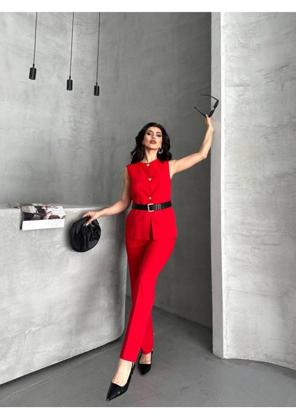 Kadın Kemerli Yelek Palazzo Pantolon Ikili Takım Elbise fiyatları