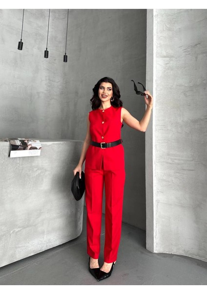 Kadın Kemerli Yelek Palazzo Pantolon Ikili Takım Elbise modelleri