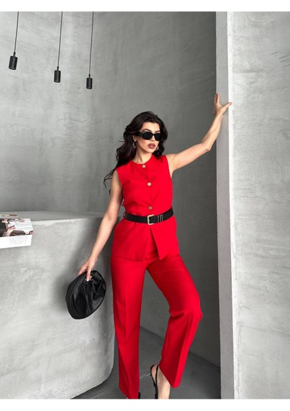 Kadın Kemerli Yelek Palazzo Pantolon Ikili Takım Elbise fırsatları