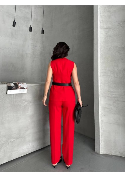 Kadın Kemerli Yelek Palazzo Pantolon Ikili Takım Elbise