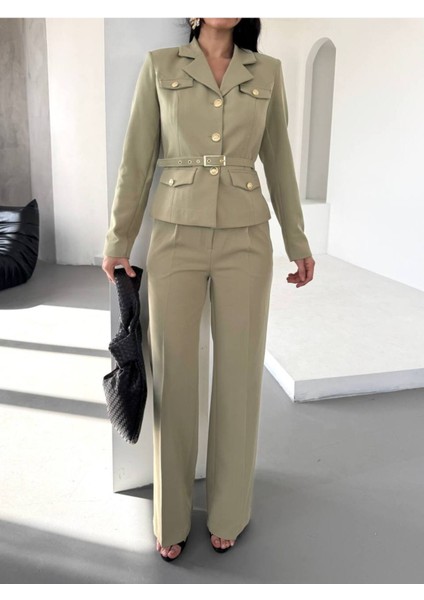 Kadın Kemerli Gold Düğmeli Ceket Palazzo Pantolon Takım Elbise