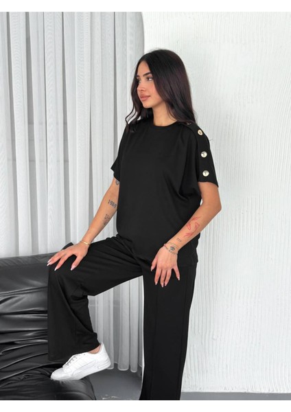 Kadın Modal Kumaş Kısa Kollu T-Shirt Düğme Detaylı Eşofman Takımı fırsatları