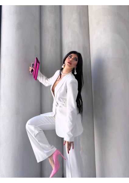 Kadın Ikili Kemer Detay Ceket Palazzo Pantolon Premium Takım Elbise modelleri