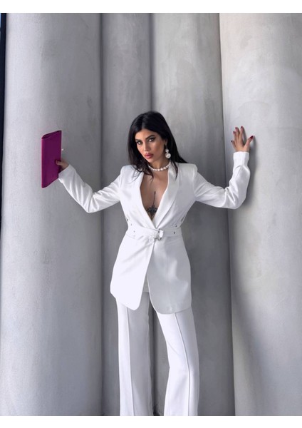 Kadın Ikili Kemer Detay Ceket Palazzo Pantolon Premium Takım Elbise fırsatları