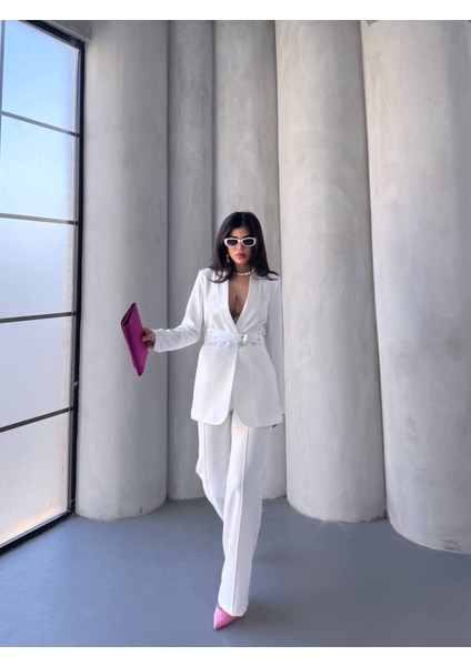 Kadın Ikili Kemer Detay Ceket Palazzo Pantolon Premium Takım Elbise indirimleri