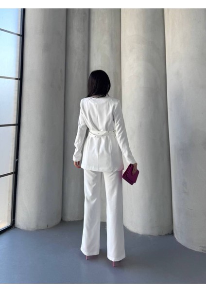 Kadın Ikili Kemer Detay Ceket Palazzo Pantolon Premium Takım Elbise