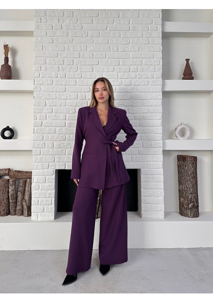 Kadın Yandan Bağlamalı Ikili Kuşaklı Blazer Ceket Pantolon Takım fiyatları