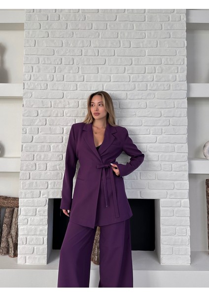 Kadın Yandan Bağlamalı Ikili Kuşaklı Blazer Ceket Pantolon Takım indirimleri