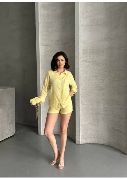 Kadın Keten Görünümlü Yazlık Gömlek Şort Ikili Takım modelleri