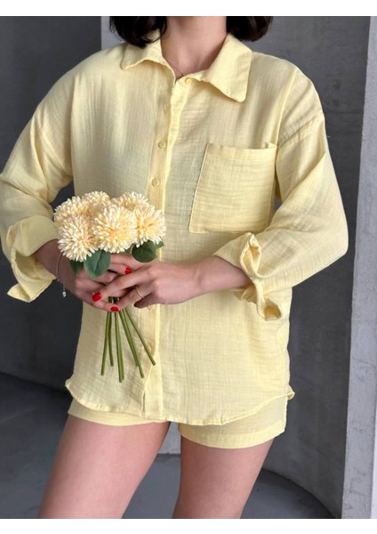 Kadın Keten Görünümlü Yazlık Gömlek Şort Ikili Takım fırsatları