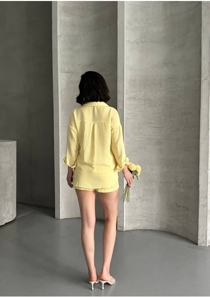 Kadın Keten Görünümlü Yazlık Gömlek Şort Ikili Takım indirimleri