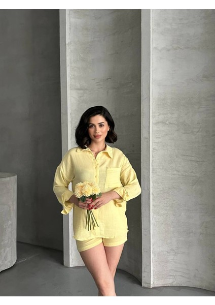 Kadın Keten Görünümlü Yazlık Gömlek Şort Ikili Takım