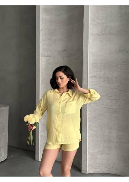 Kadın Keten Görünümlü Yazlık Gömlek Şort Ikili Takım fiyatları
