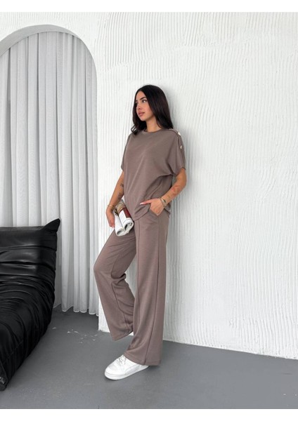 Kadın Modal Kumaş Kısa Kollu T-Shirt Düğme Detaylı Eşofman Takımı modelleri