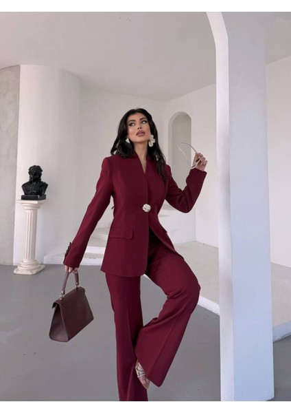 Kadın Gold Kurabiye Düğmeli Blazer Ceket Palazzo Pantolon Takım Elbise