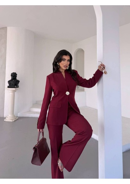 Kadın Gold Kurabiye Düğmeli Blazer Ceket Palazzo Pantolon Takım Elbise fiyatları