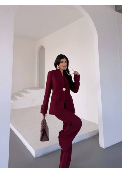 Kadın Gold Kurabiye Düğmeli Blazer Ceket Palazzo Pantolon Takım Elbise modelleri